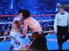 パッキャオの右フックが炸裂した直後の直後。強烈なパンチを側頭部に被弾したマルガリートの頭が右に傾いているのが分かる。→